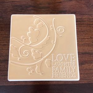 Hallmark yellow tan square ceramic trivet Love Laughter Family Friends